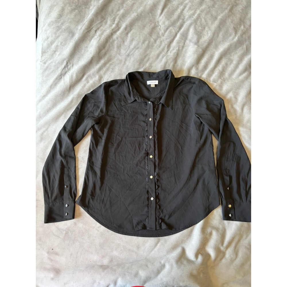 Calvin Klein Black Scalloped Trim Long Sleeve Button Down Blouse Large